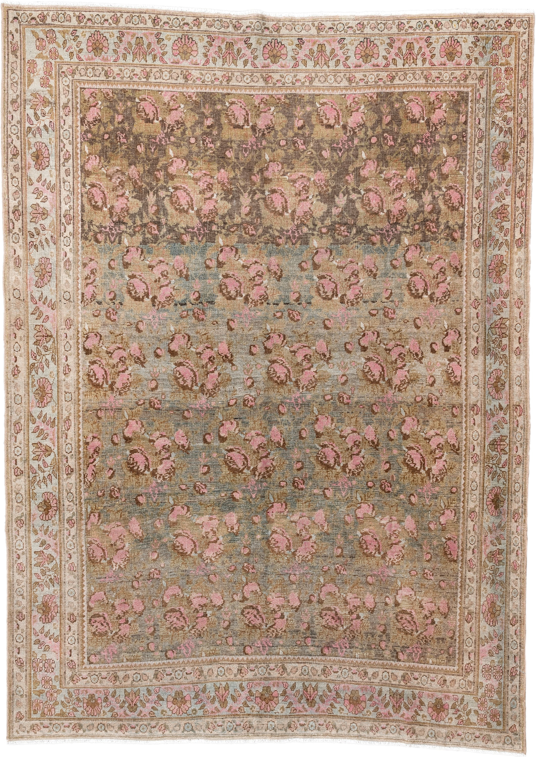 5' x 7' one-of-a-kind handmade antique Afshar rug. Color palette: taupe, ivory, rose, brown, sage, blush, camel, beige, gray
