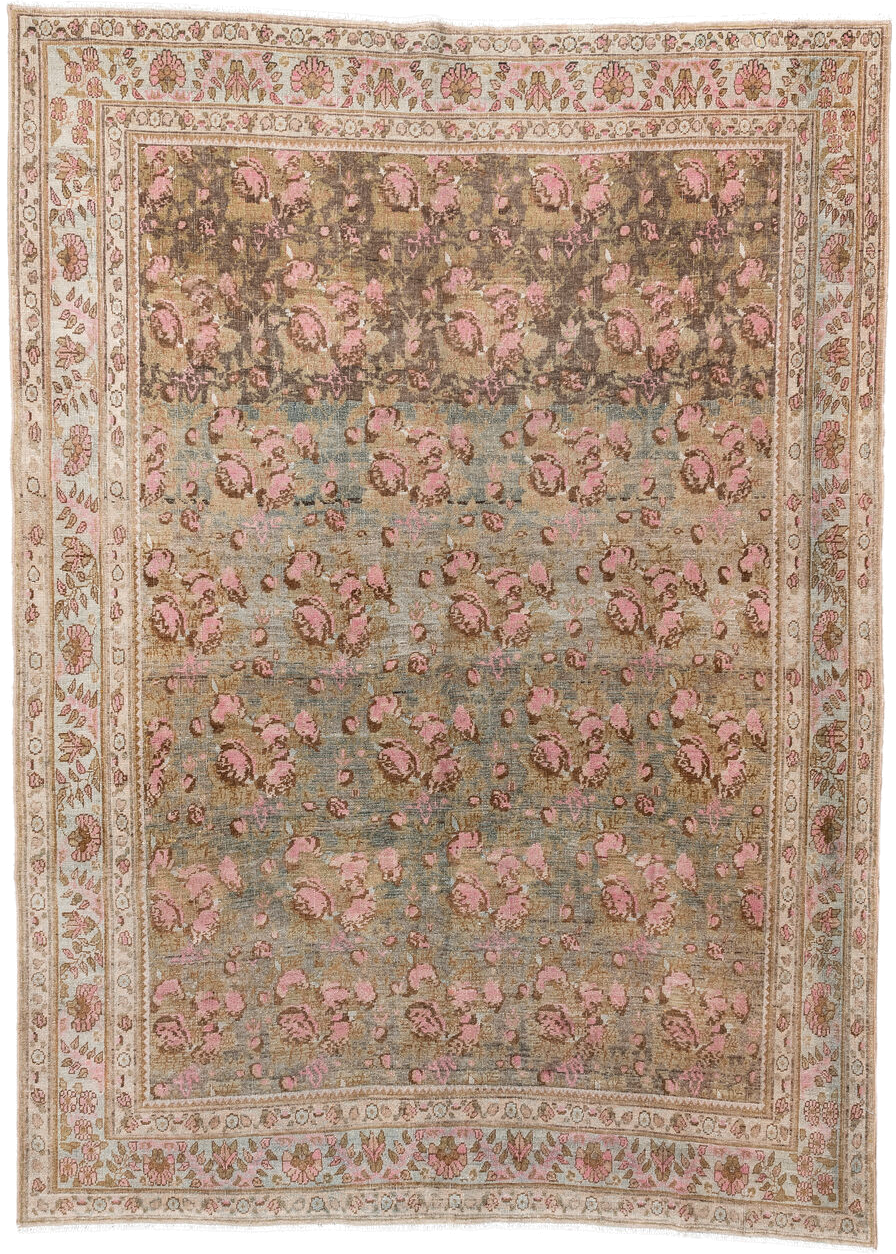 5' x 7' one-of-a-kind handmade antique Afshar rug. Color palette: taupe, ivory, rose, brown, sage, blush, camel, beige, gray