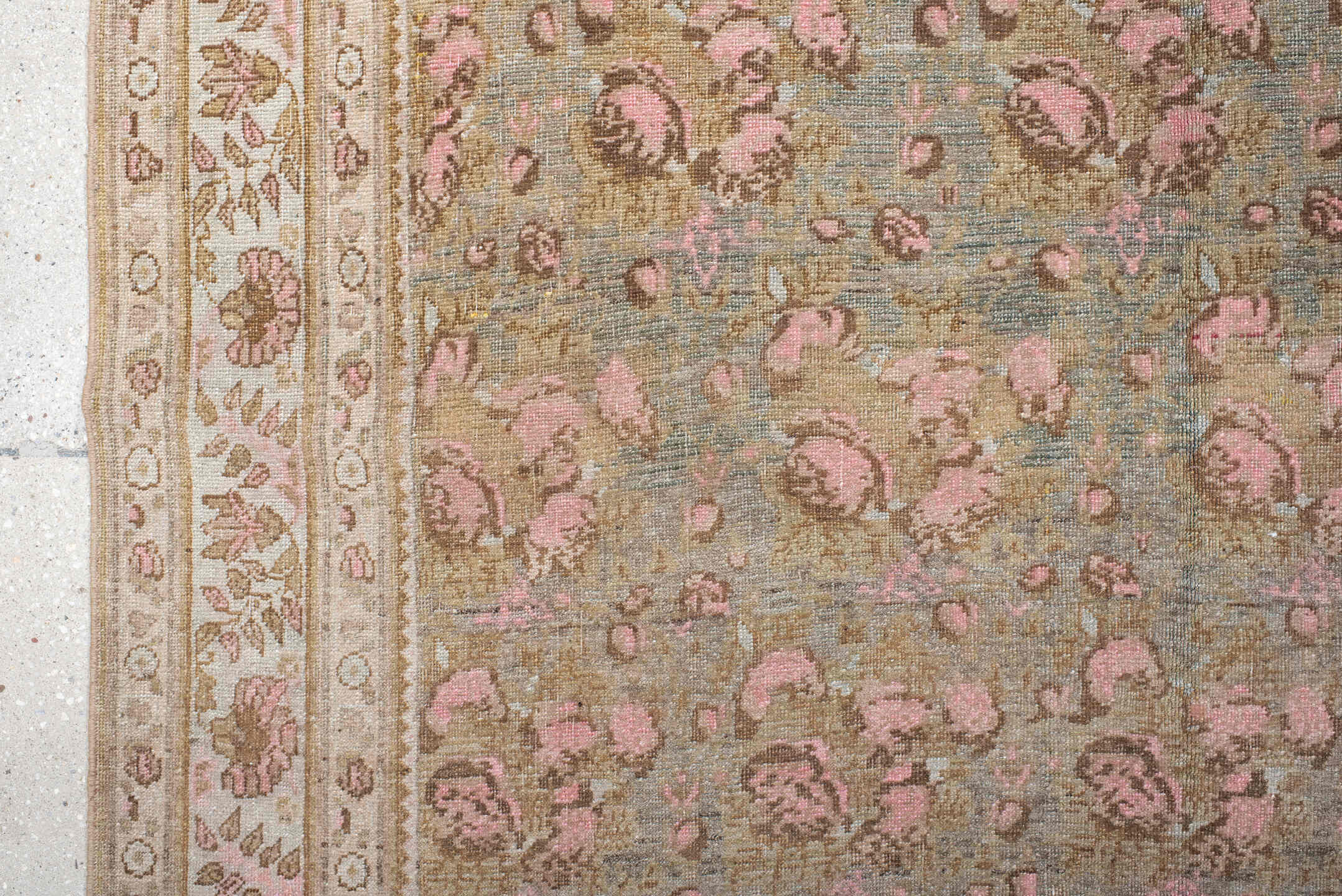 5' x 7' one-of-a-kind handmade antique Afshar rug. Color palette: taupe, ivory, rose, brown, sage, blush, camel, beige, gray