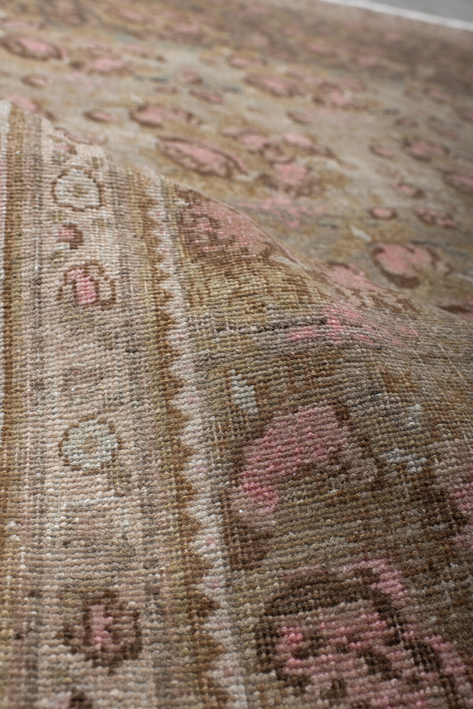 5' x 7' one-of-a-kind handmade antique Afshar rug. Color palette: taupe, ivory, rose, brown, sage, blush, camel, beige, gray