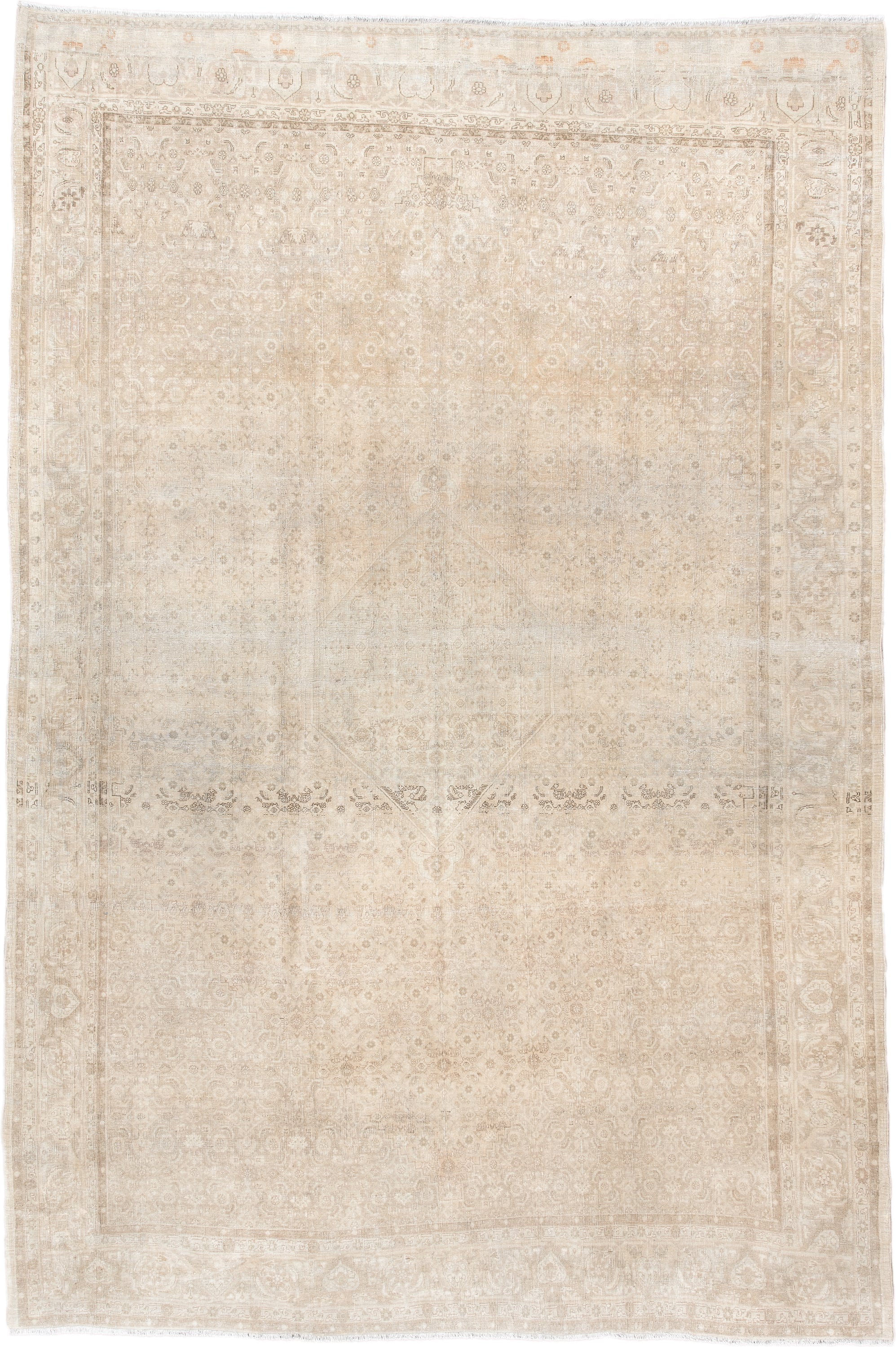 7' x 10' one-of-a-kind handmade antique Bidjar large size rug. Color palette: ivory, beige, taupe, sand, cream, camel