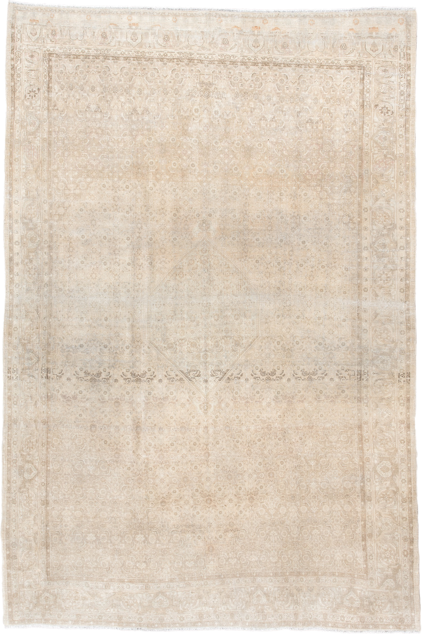 7' x 10' one-of-a-kind handmade antique Bidjar large size rug. Color palette: ivory, beige, taupe, sand, cream, camel