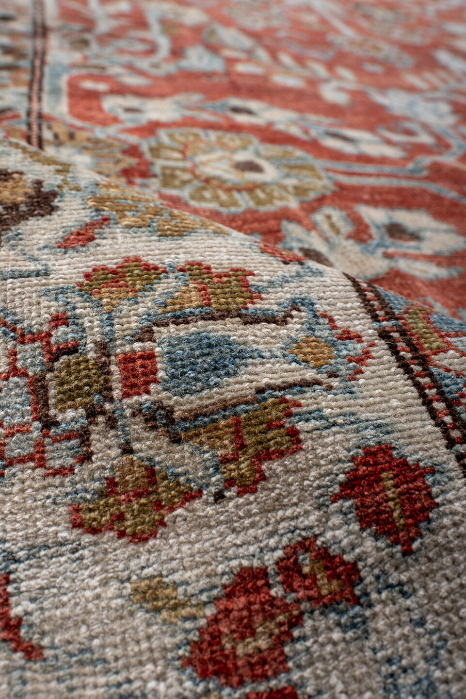 7' x 12' one-of-a-kind handmade vintage Mahal large size rug. Color palette: terra cotta, ivory, sky blue, sage, gold, rust