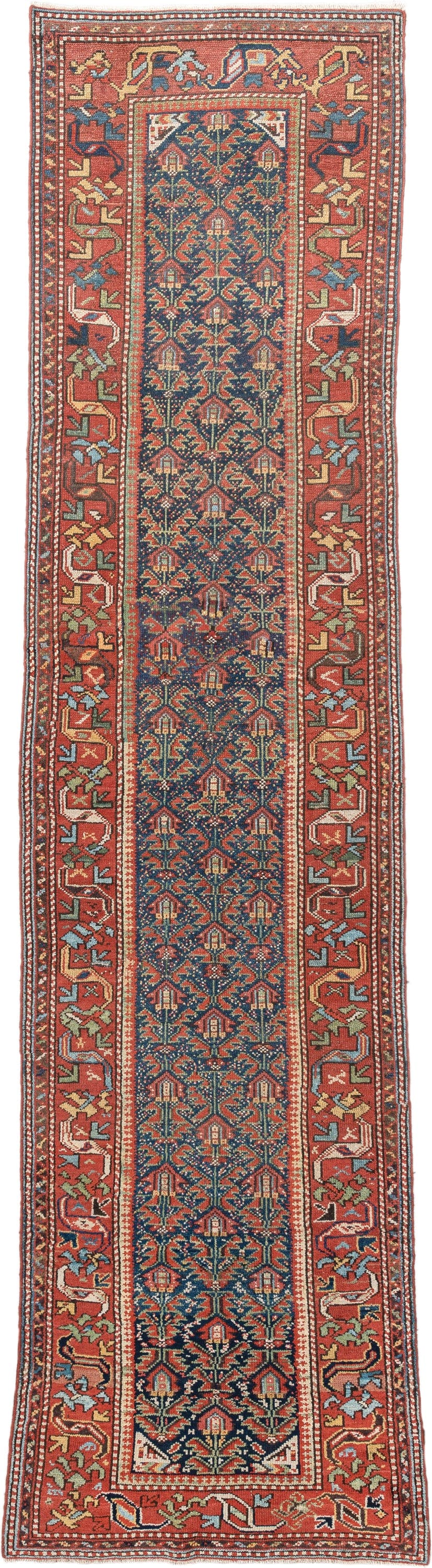 2' x 11' one-of-a-kind handmade antique Malayer runner rug. Color palette: navy, rust, ivory, camel, sage, terracotta