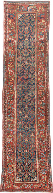 2' x 11' one-of-a-kind handmade antique Malayer runner rug. Color palette: navy, rust, ivory, camel, sage, terracotta