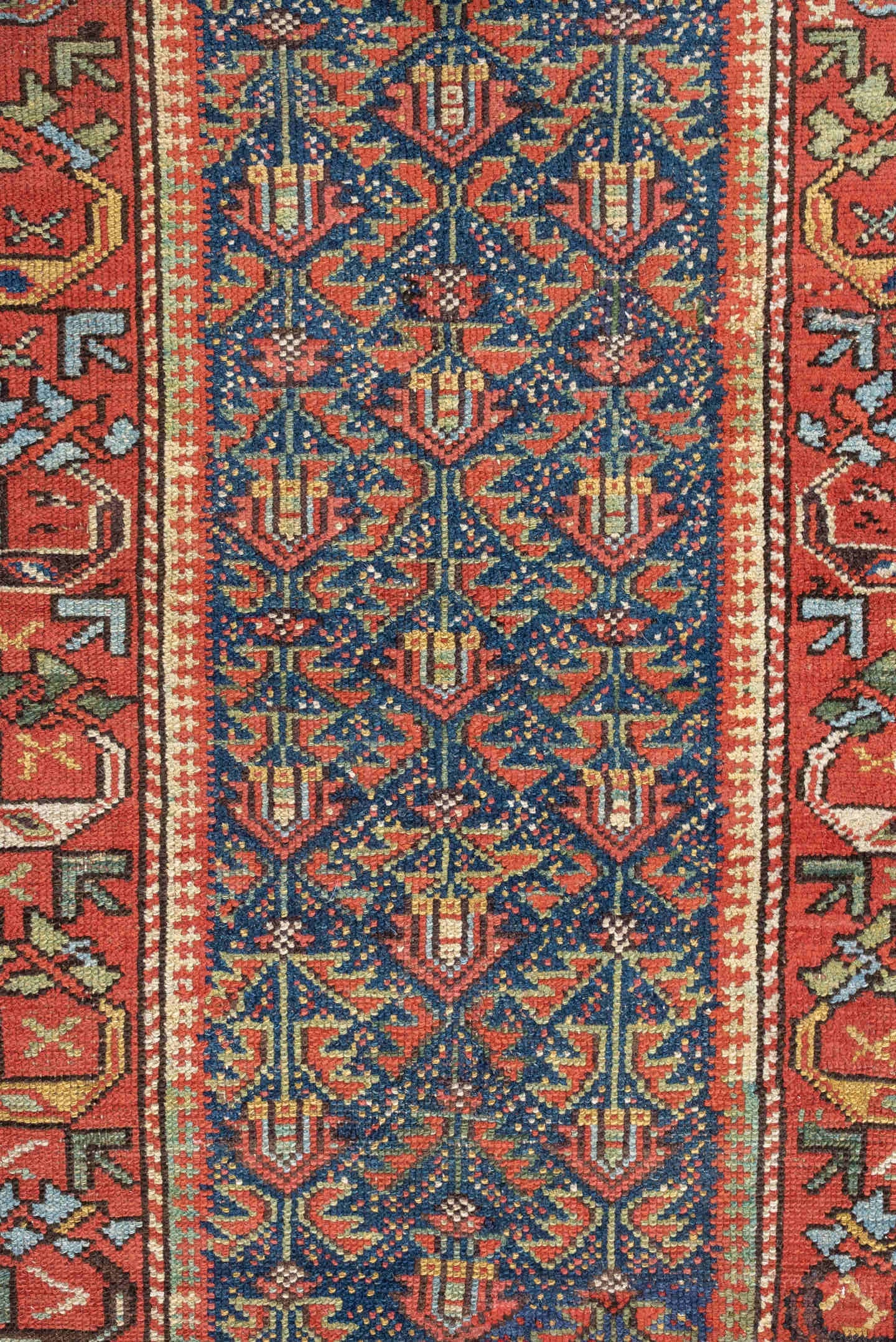 2' x 11' one-of-a-kind handmade antique Malayer runner rug. Color palette: navy, rust, ivory, camel, sage, terracotta