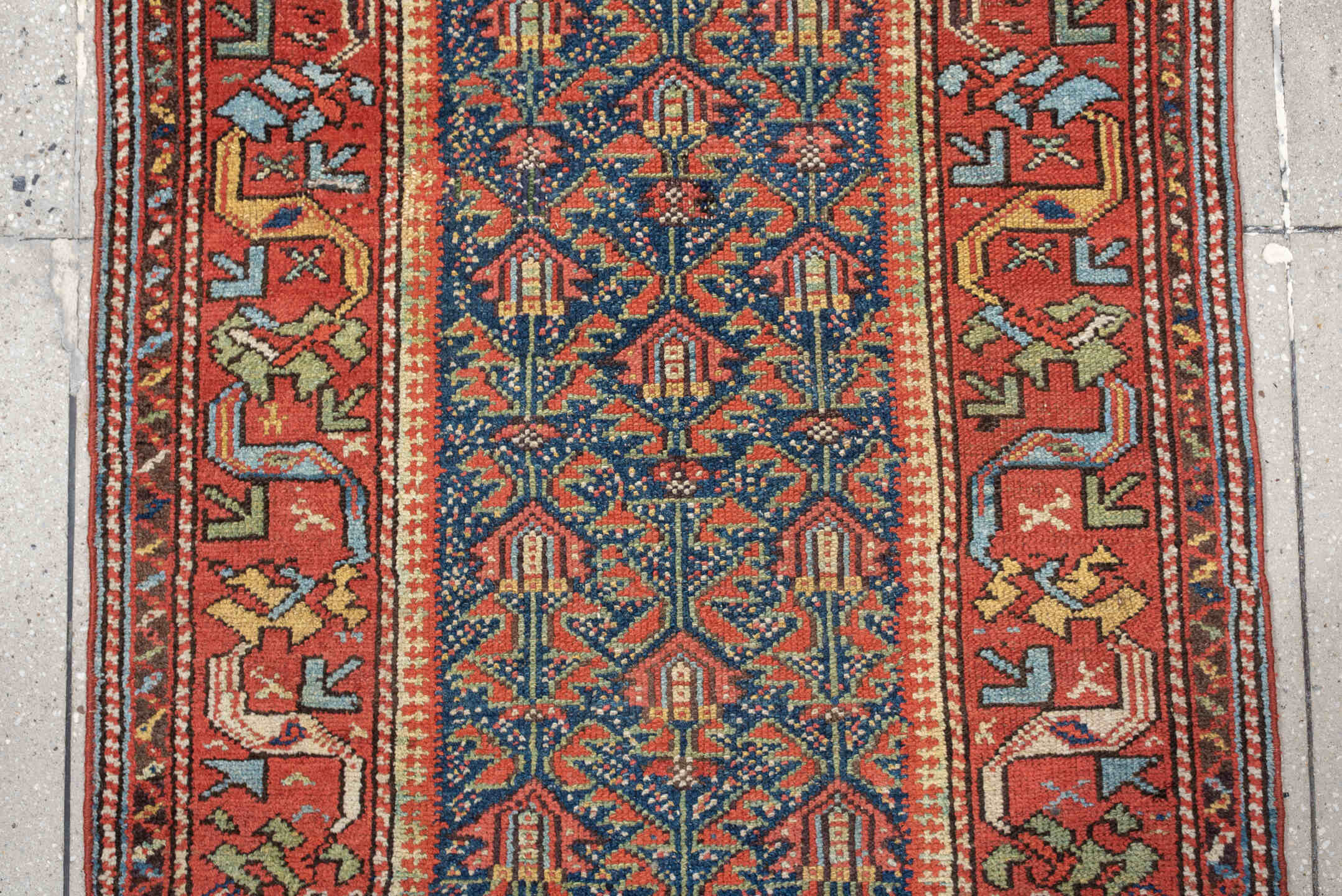 2' x 11' one-of-a-kind handmade antique Malayer runner rug. Color palette: navy, rust, ivory, camel, sage, terracotta