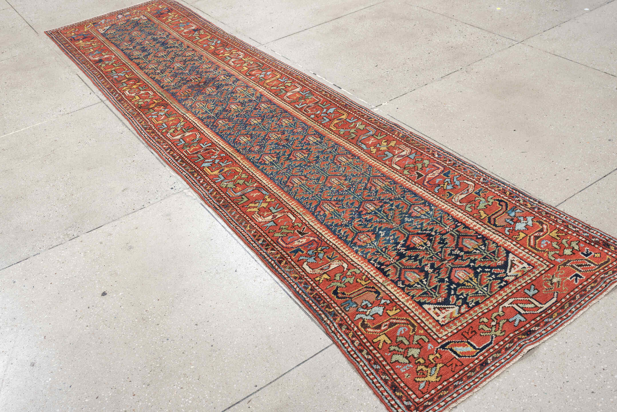 2' x 11' one-of-a-kind handmade antique Malayer runner rug. Color palette: navy, rust, ivory, camel, sage, terracotta