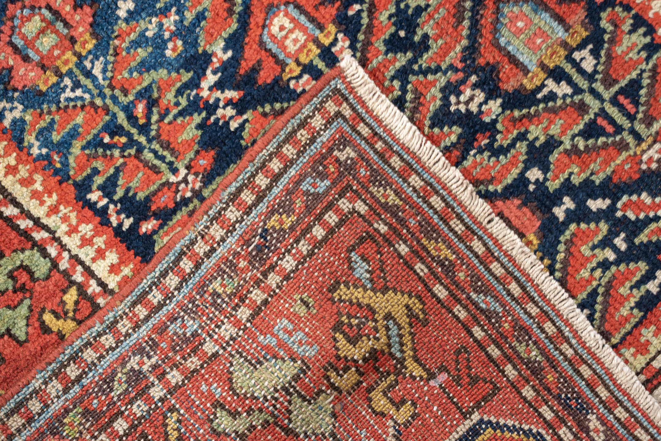 2' x 11' one-of-a-kind handmade antique Malayer runner rug. Color palette: navy, rust, ivory, camel, sage, terracotta