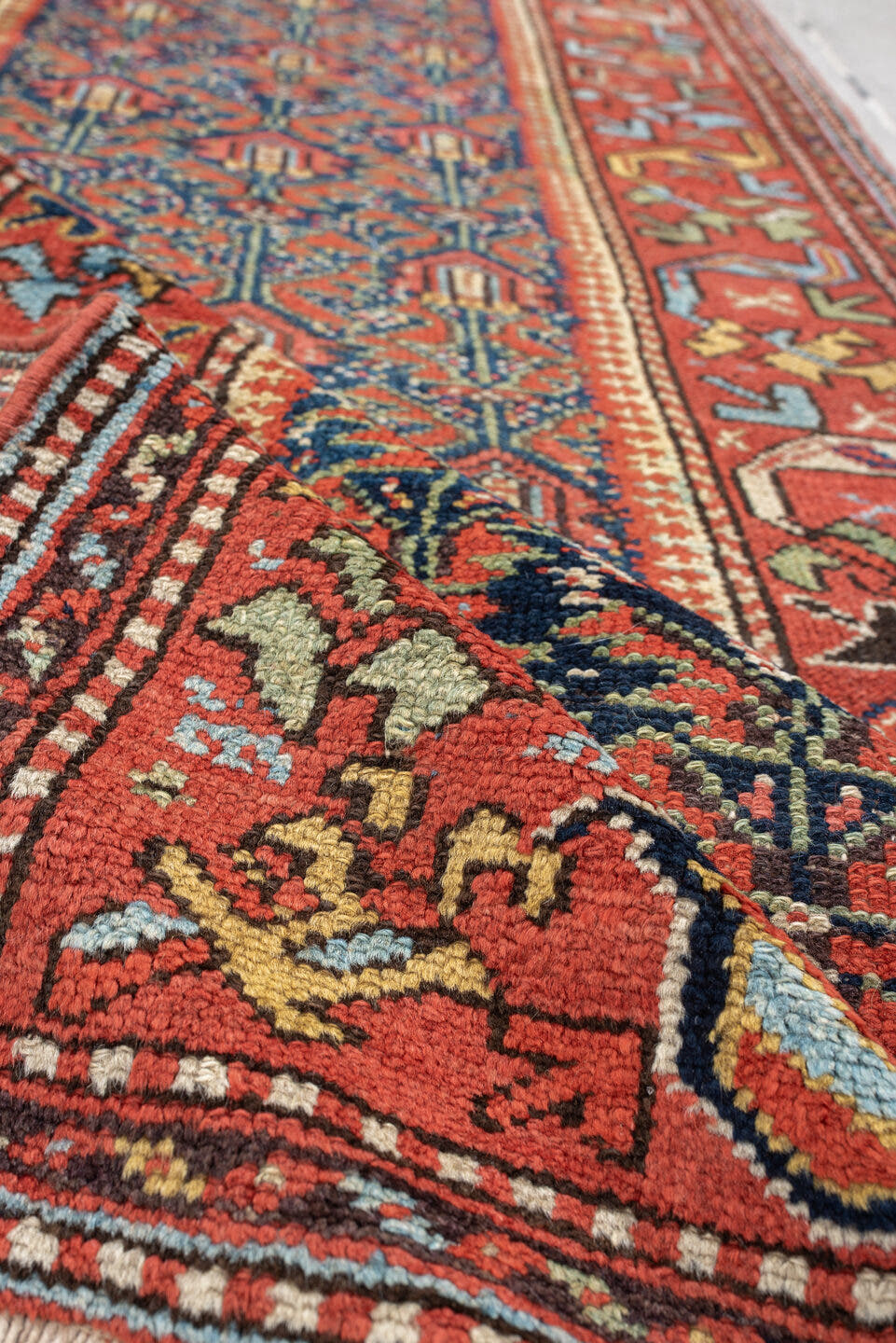 2' x 11' one-of-a-kind handmade antique Malayer runner rug. Color palette: navy, rust, ivory, camel, sage, terracotta
