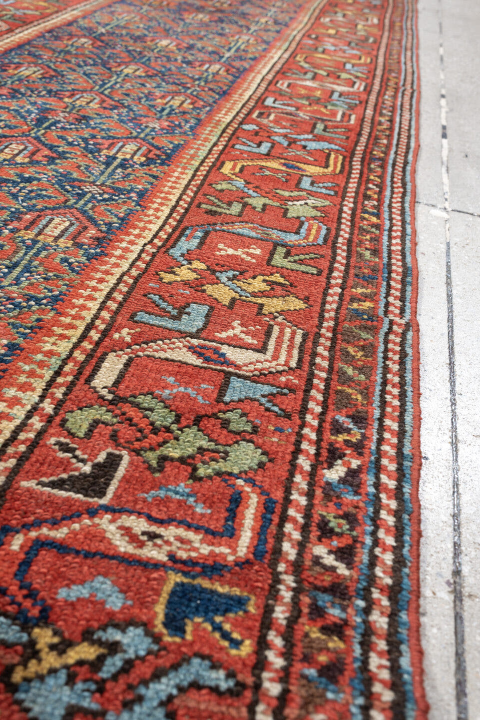 2' x 11' one-of-a-kind handmade antique Malayer runner rug. Color palette: navy, rust, ivory, camel, sage, terracotta