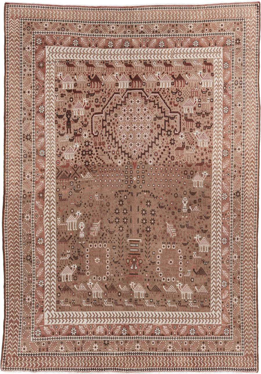 6' x 9' one-of-a-kind handmade vintage Sivas medium size rug. Color palette: terra cotta, ivory, taupe, brown, rose