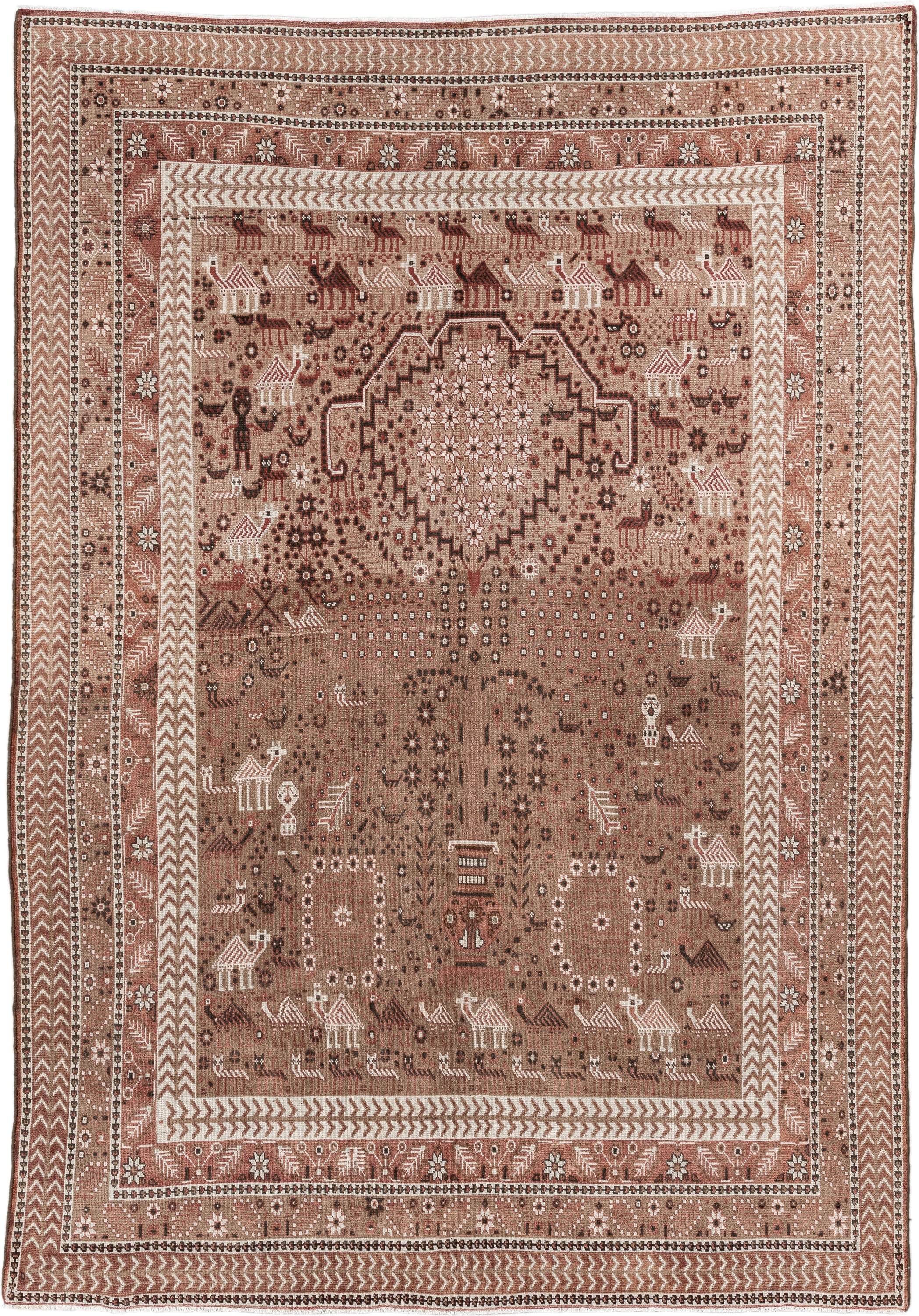 6' x 9' one-of-a-kind handmade vintage Sivas medium size rug. Color palette: terra cotta, ivory, taupe, brown, rose