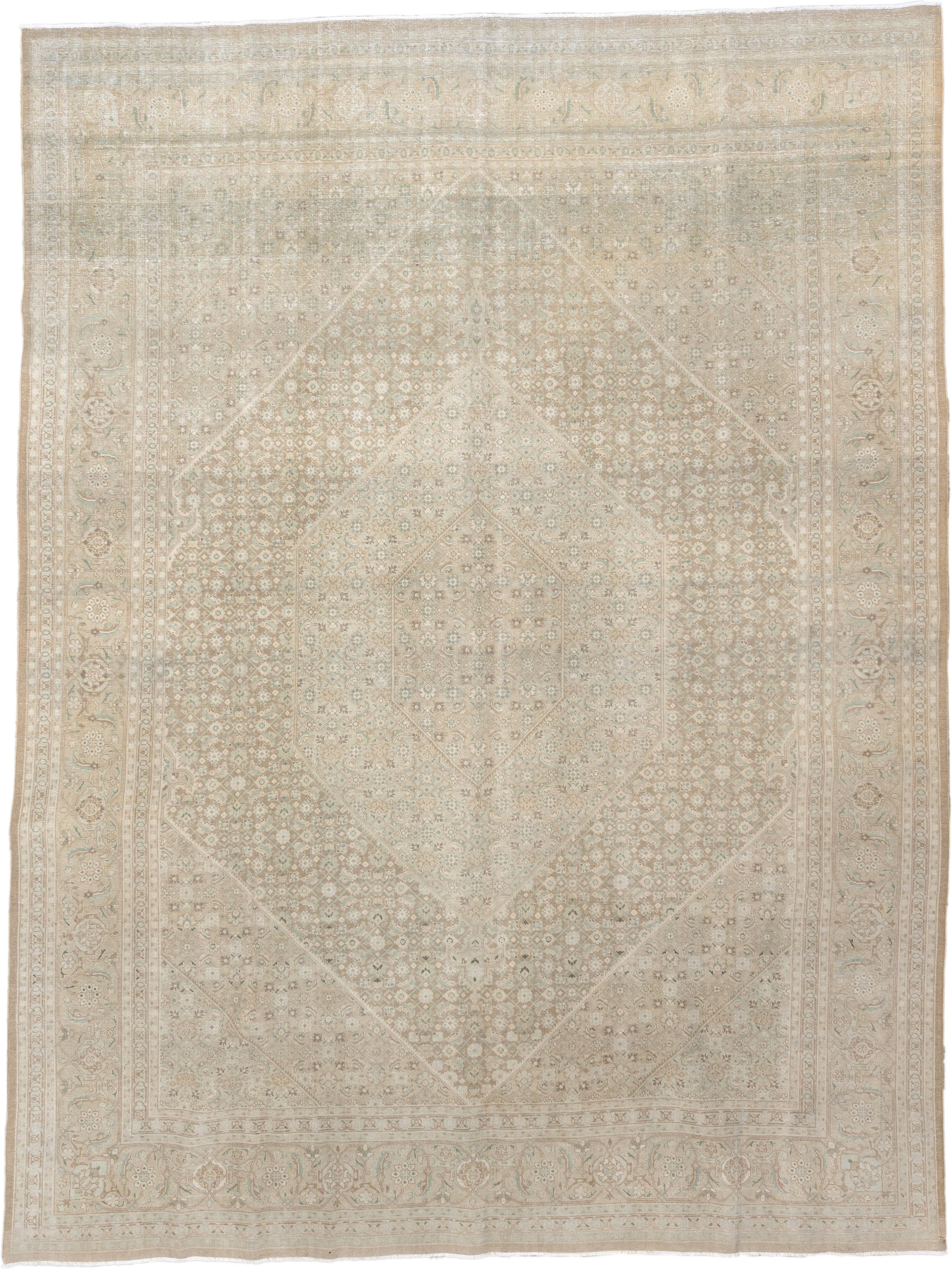 9' x 12' one-of-a-kind handmade vintage  large size rug. Color palette: ivory, taupe, sage, cream, beige, pale aqua, gray