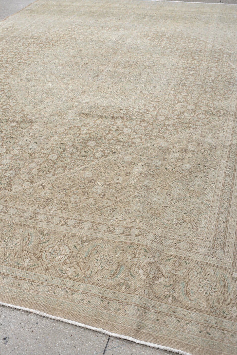 9' x 12' one-of-a-kind handmade vintage  large size rug. Color palette: ivory, taupe, sage, cream, beige, pale aqua, gray