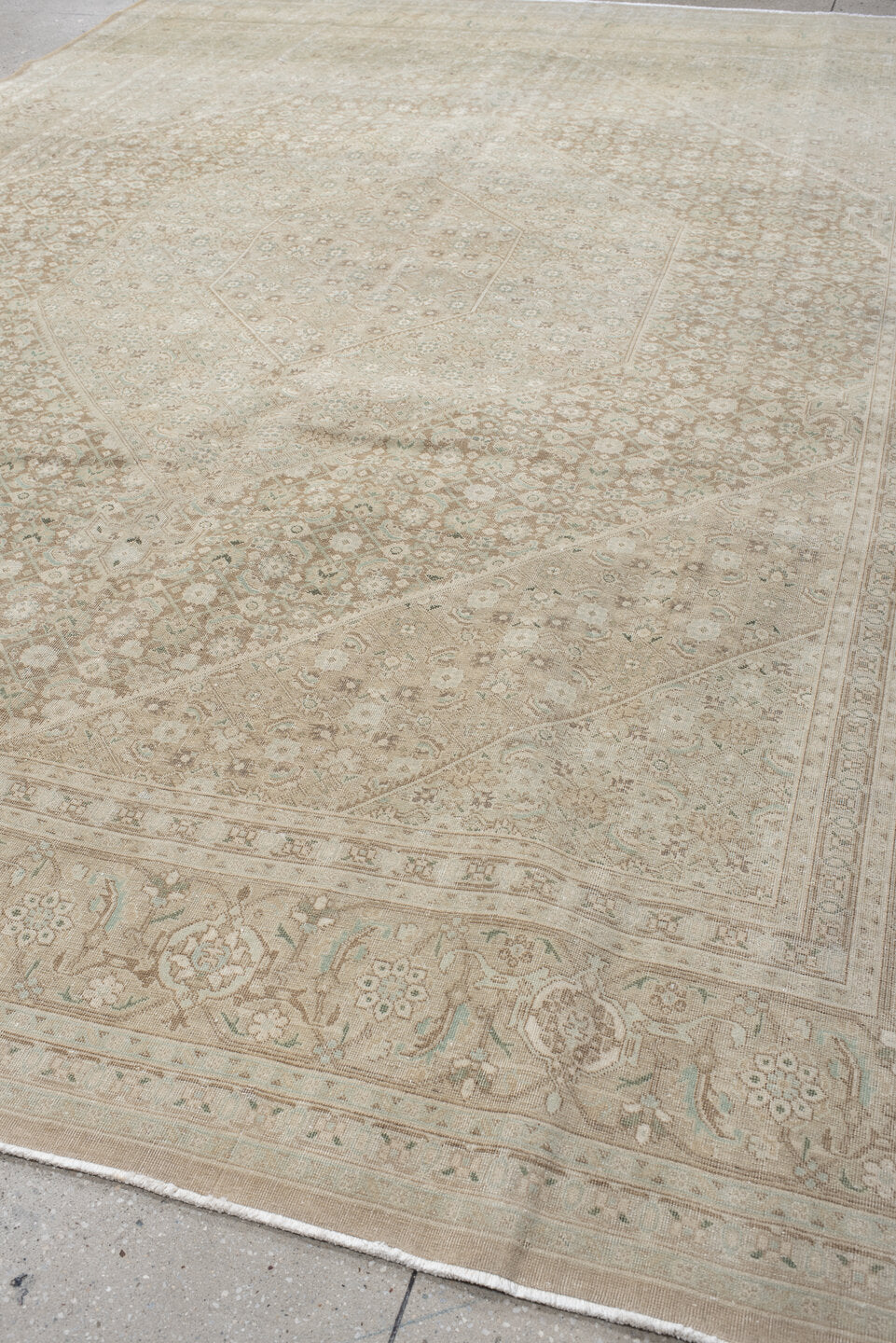9' x 12' one-of-a-kind handmade vintage  large size rug. Color palette: ivory, taupe, sage, cream, beige, pale aqua, gray