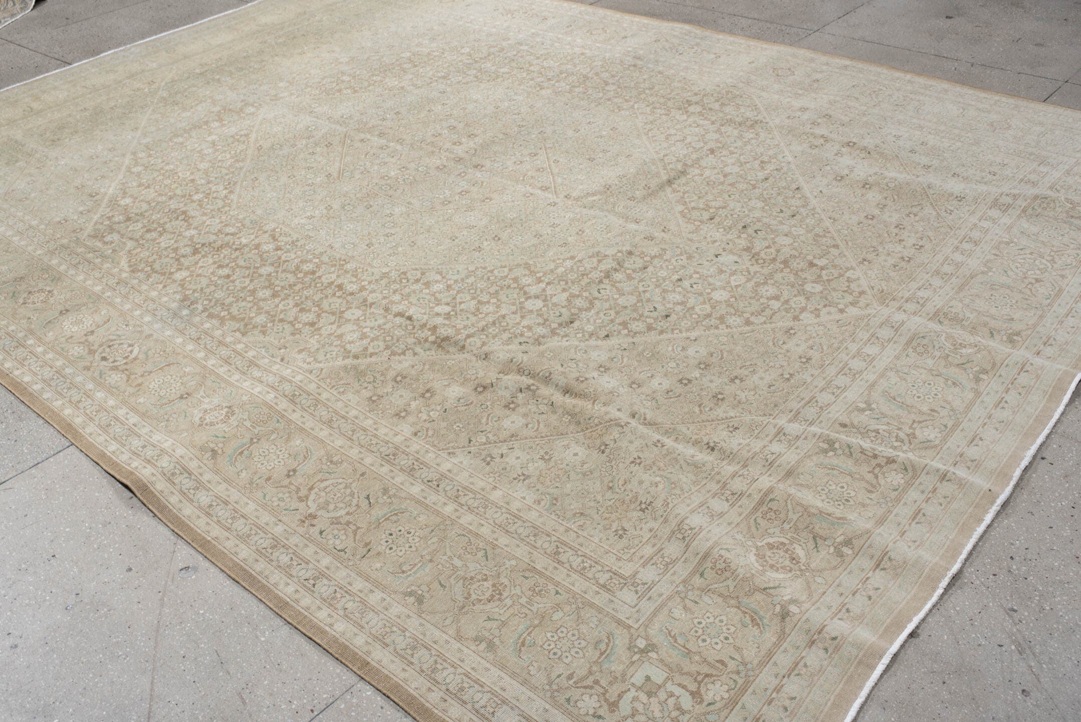 9' x 12' one-of-a-kind handmade vintage  large size rug. Color palette: ivory, taupe, sage, cream, beige, pale aqua, gray