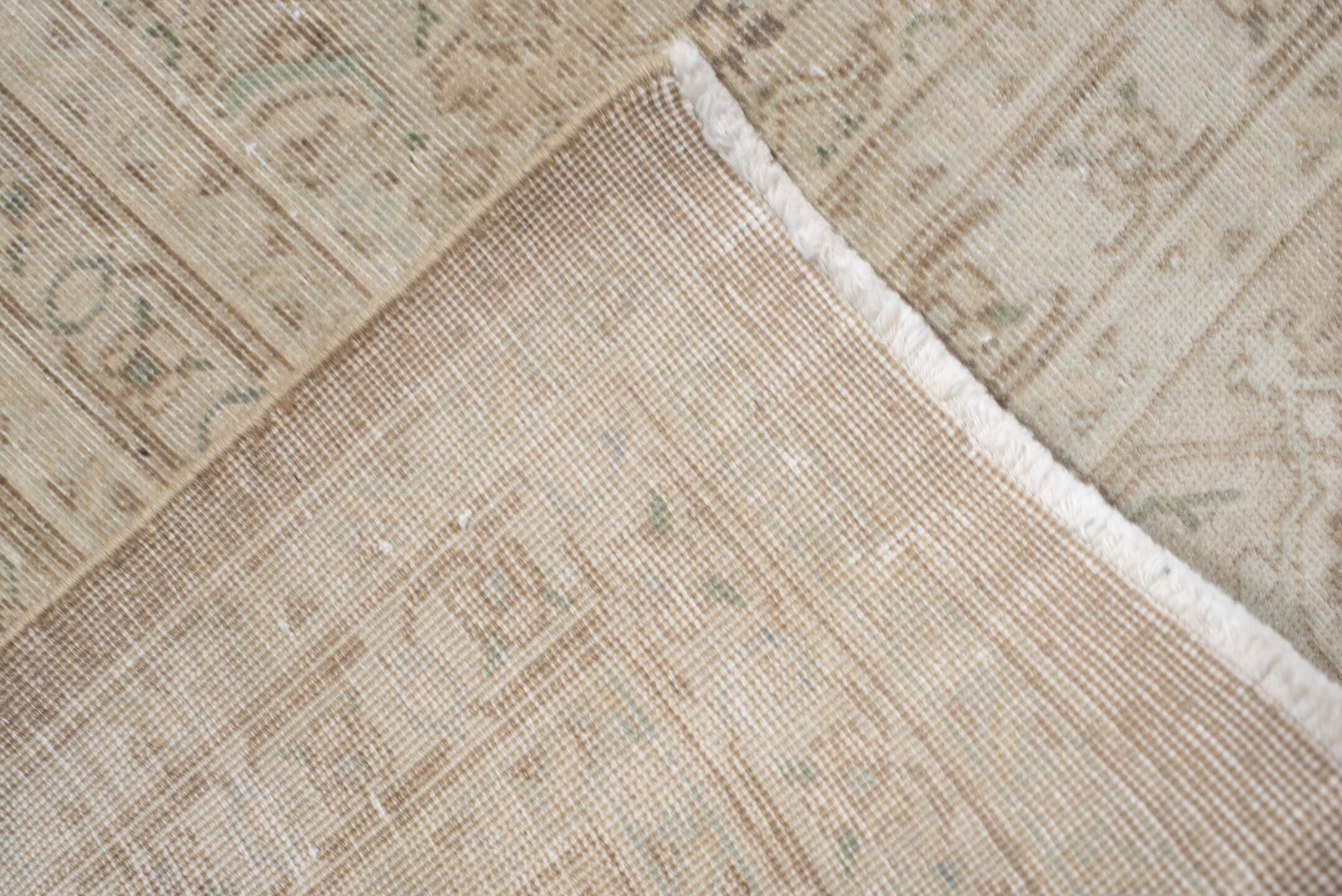 9' x 12' one-of-a-kind handmade vintage  large size rug. Color palette: ivory, taupe, sage, cream, beige, pale aqua, gray