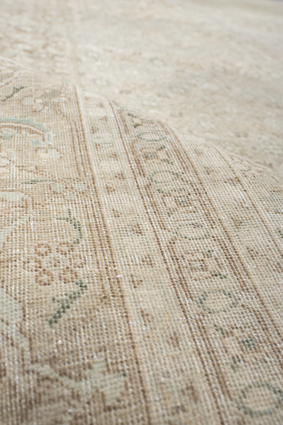 9' x 12' one-of-a-kind handmade vintage  large size rug. Color palette: ivory, taupe, sage, cream, beige, pale aqua, gray