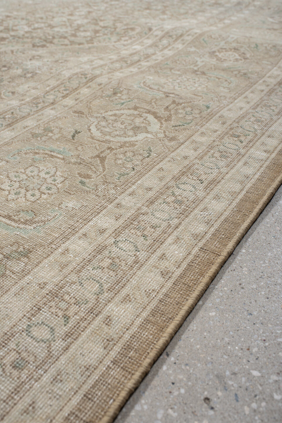 9' x 12' one-of-a-kind handmade vintage  large size rug. Color palette: ivory, taupe, sage, cream, beige, pale aqua, gray