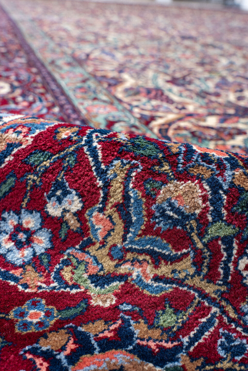 0' x 0' one-of-a-kind handmade vintage  small size rug. Color palette: ivory, burgundy, indigo, turquoise, rose, slate