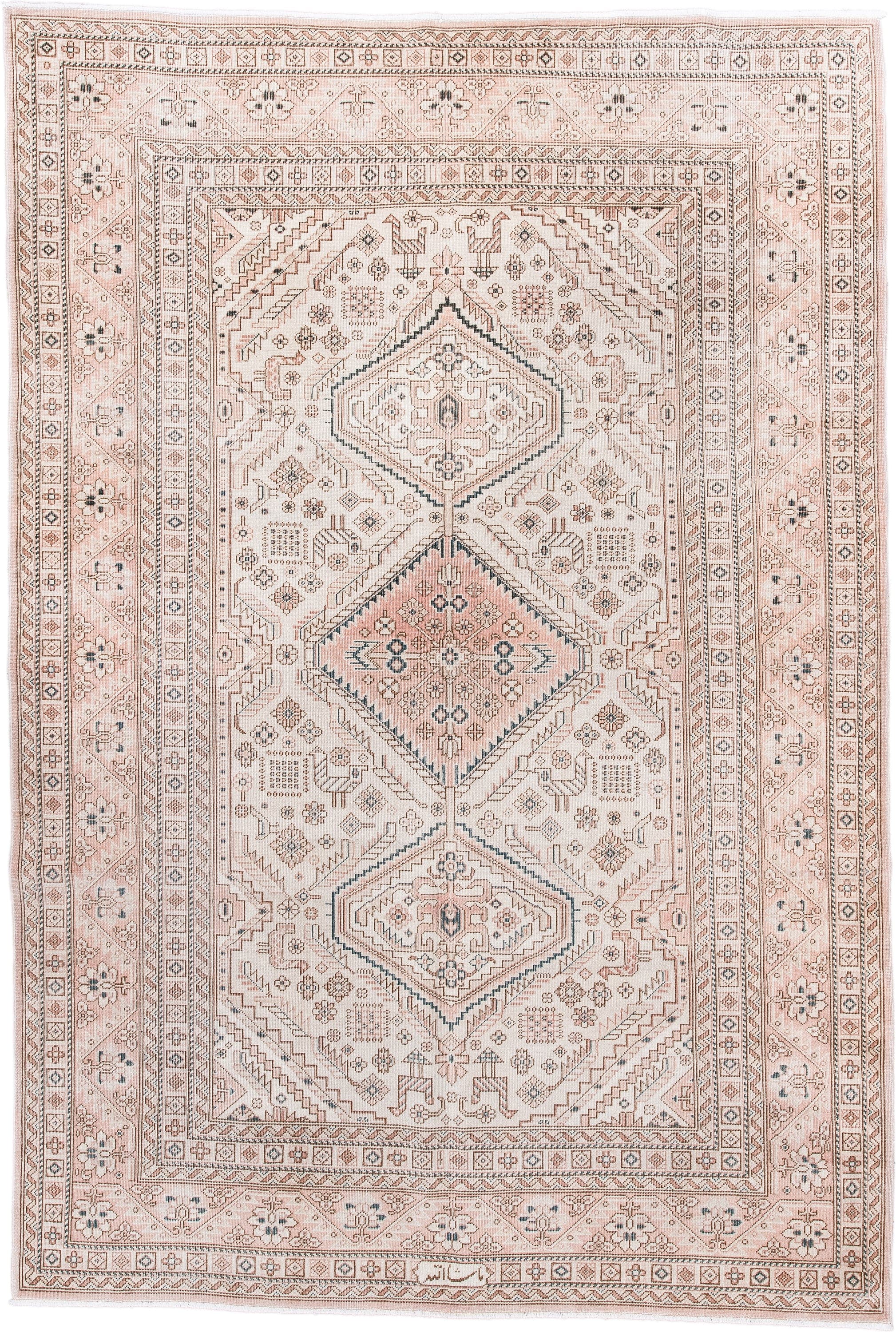 5' x 8' one-of-a-kind handmade antique Sivas medium size rug. Color palette: ivory, blush, taupe, dusty rose, muted blue