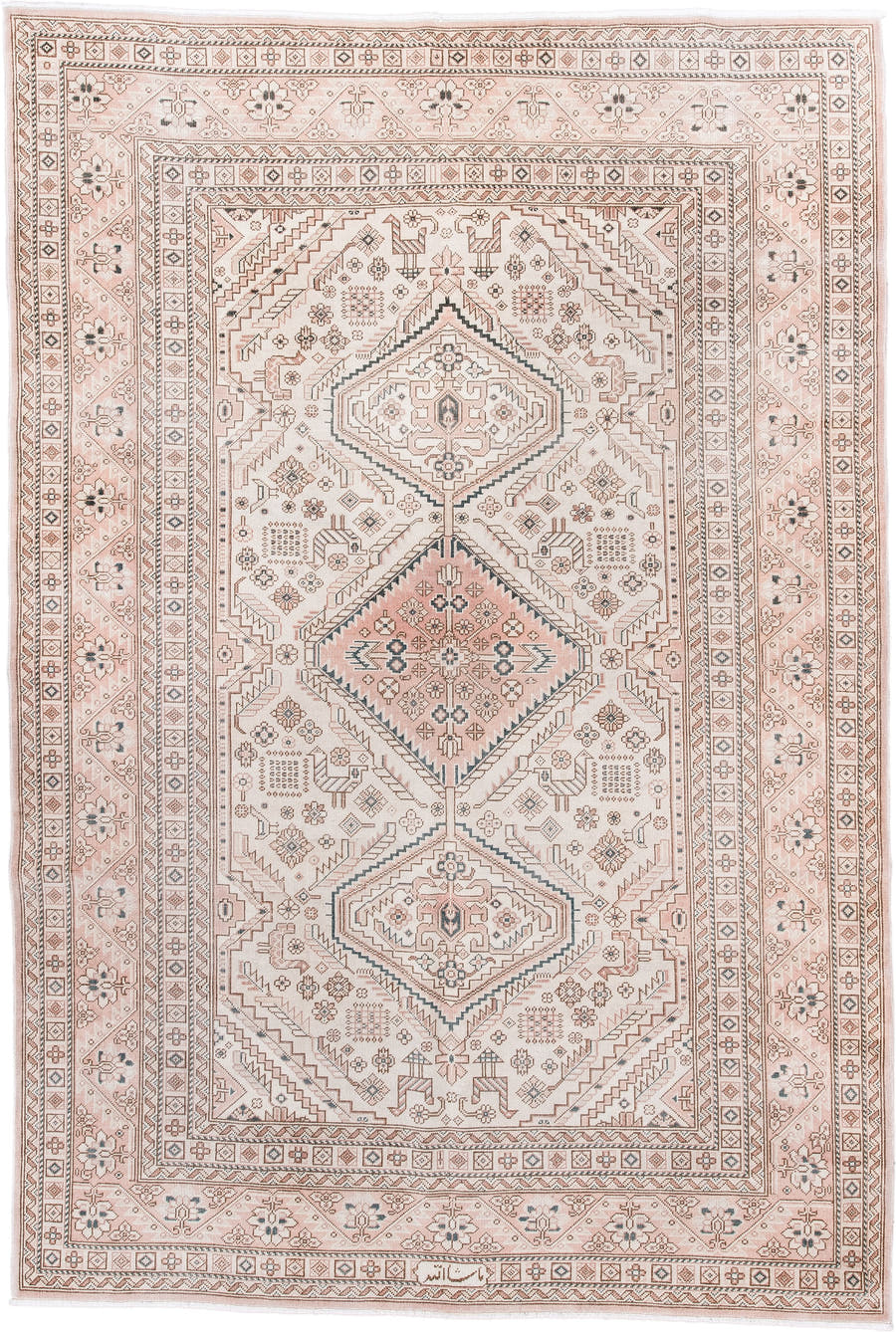 5' x 8' one-of-a-kind handmade antique Sivas medium size rug. Color palette: ivory, blush, taupe, dusty rose, muted blue