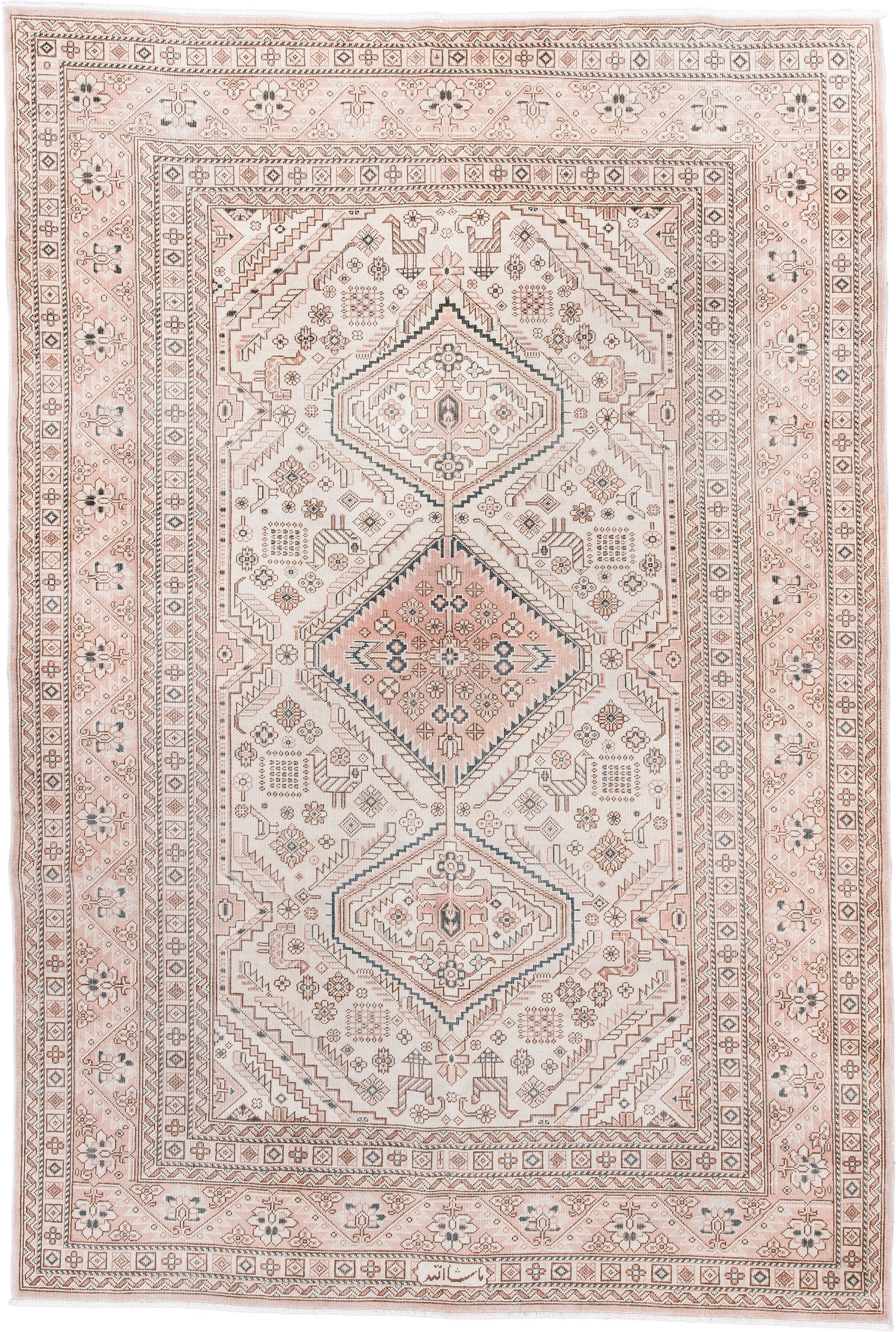 5' x 8' one-of-a-kind handmade antique Sivas medium size rug. Color palette: ivory, blush, taupe, dusty rose, muted blue