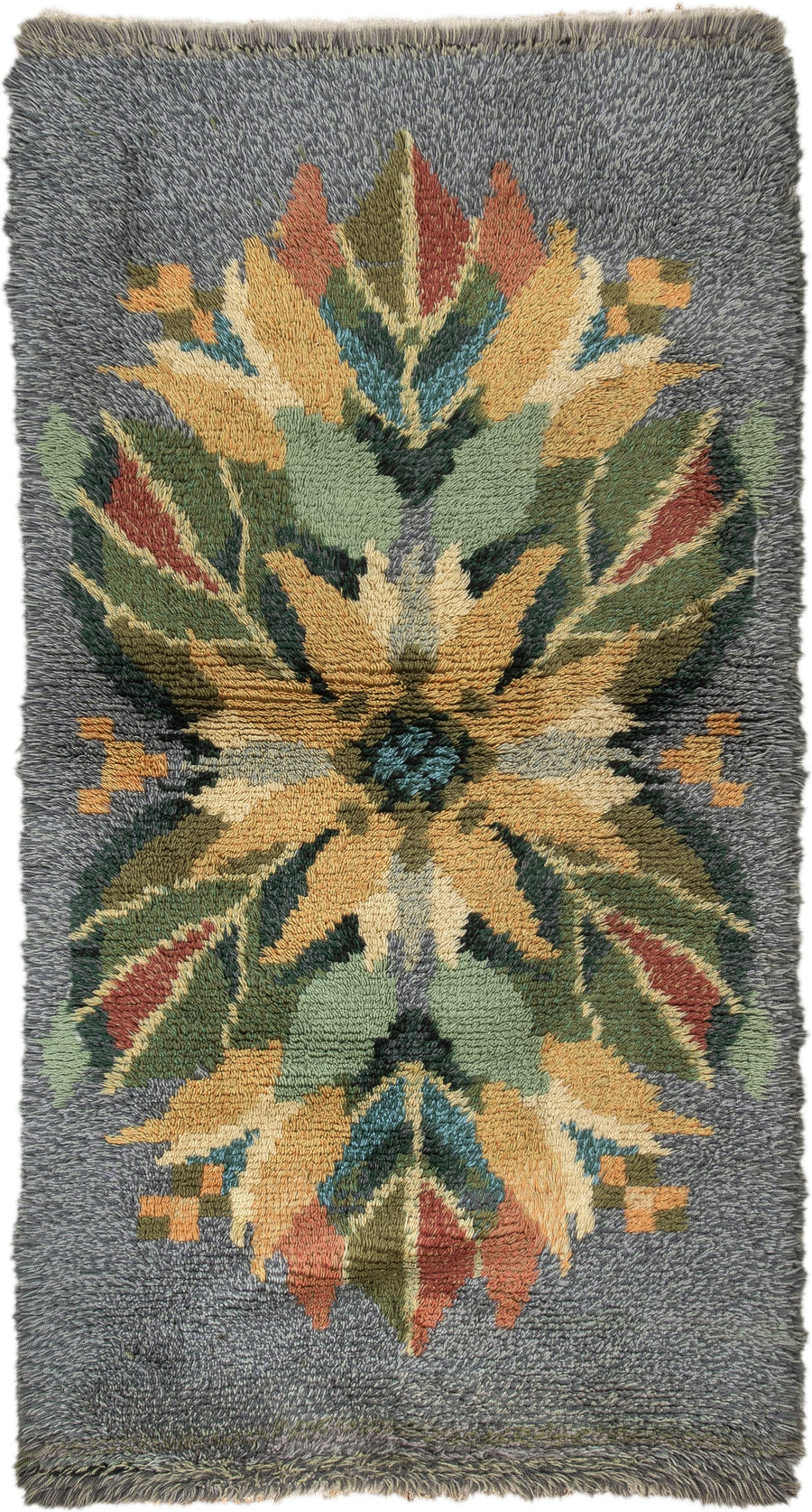 3' x 6' one-of-a-kind handmade antique Swedish small size rug. Color palette: gray, gold, sage, olive, rust, teal, ivory