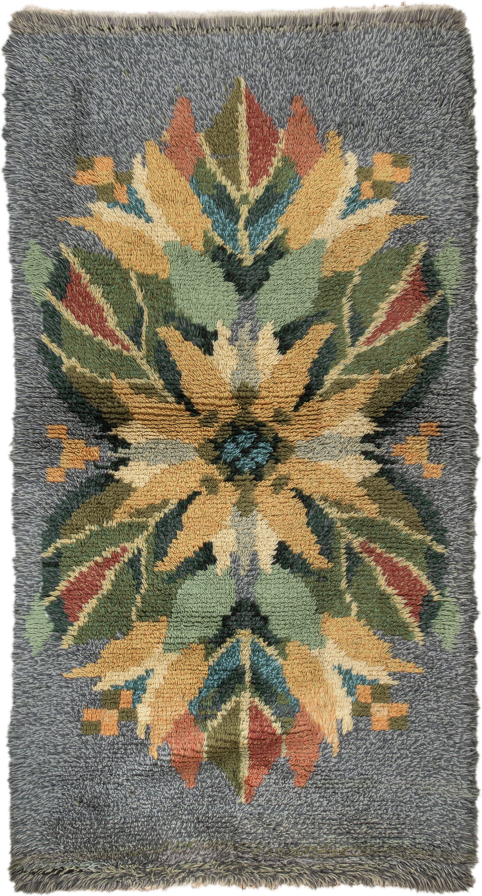 3' x 6' one-of-a-kind handmade antique Swedish small size rug. Color palette: gray, gold, sage, olive, rust, teal, ivory