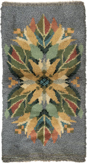 3' x 6' one-of-a-kind handmade antique Swedish small size rug. Color palette: gray, gold, sage, olive, rust, teal, ivory