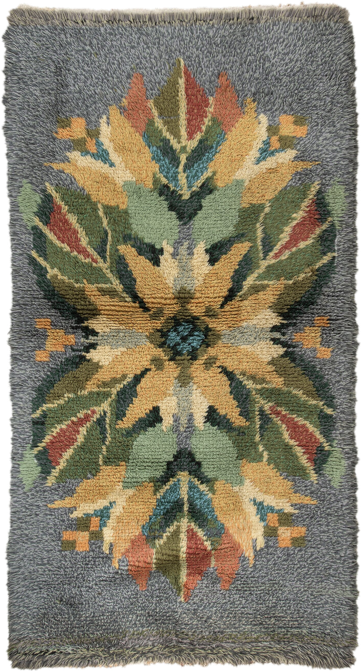 3' x 6' one-of-a-kind handmade antique Swedish small size rug. Color palette: gray, gold, sage, olive, rust, teal, ivory