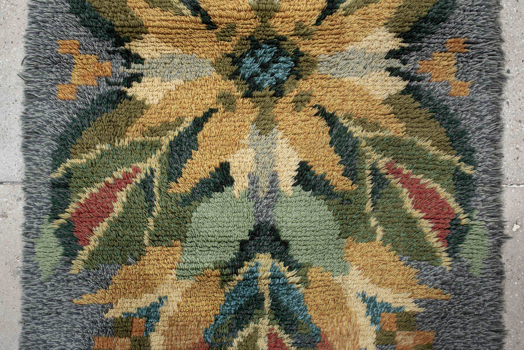 3' x 6' one-of-a-kind handmade antique Swedish small size rug. Color palette: gray, gold, sage, olive, rust, teal, ivory