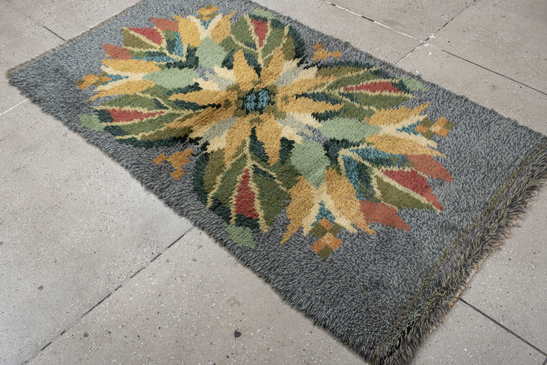 3' x 6' one-of-a-kind handmade antique Swedish small size rug. Color palette: gray, gold, sage, olive, rust, teal, ivory