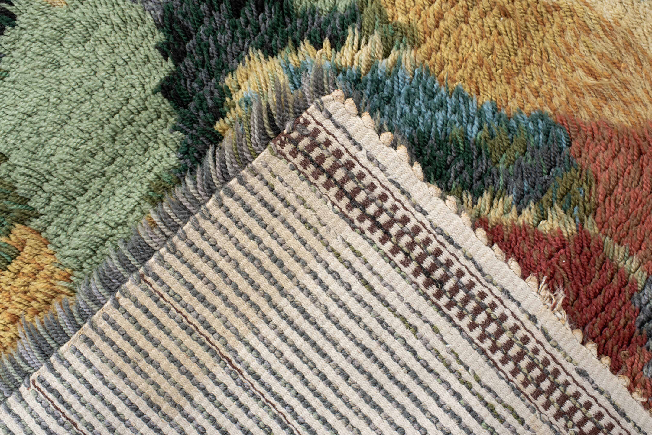 3' x 6' one-of-a-kind handmade antique Swedish small size rug. Color palette: gray, gold, sage, olive, rust, teal, ivory