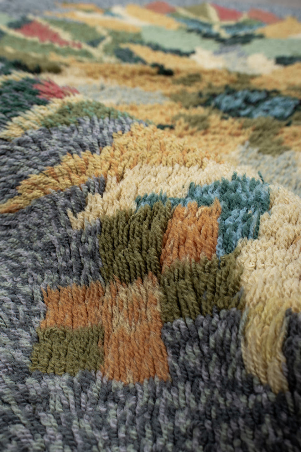 3' x 6' one-of-a-kind handmade antique Swedish small size rug. Color palette: gray, gold, sage, olive, rust, teal, ivory