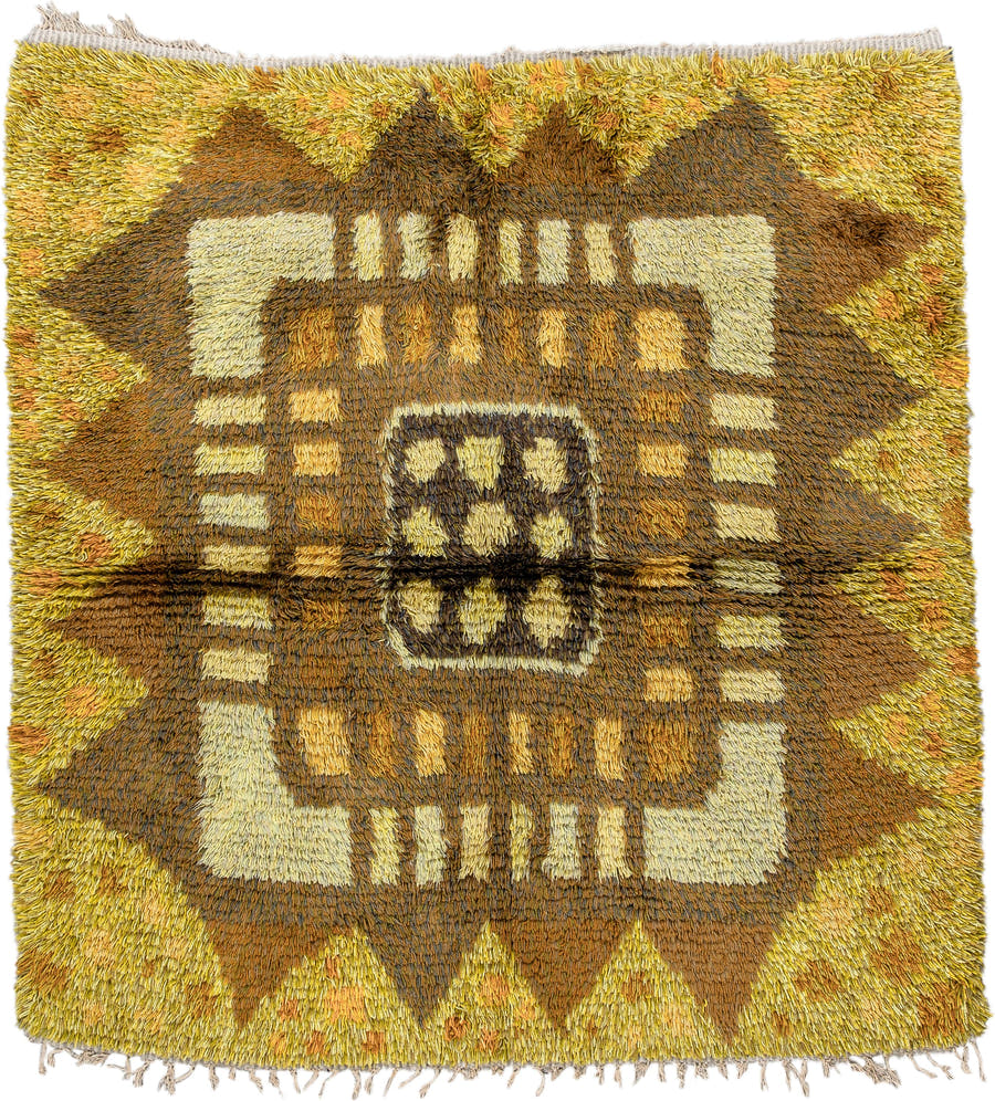 4' x 5' one-of-a-kind handmade vintage Rya-Swedish small size rug. Color palette: gold, brown, ochre, ivory, camel, olive