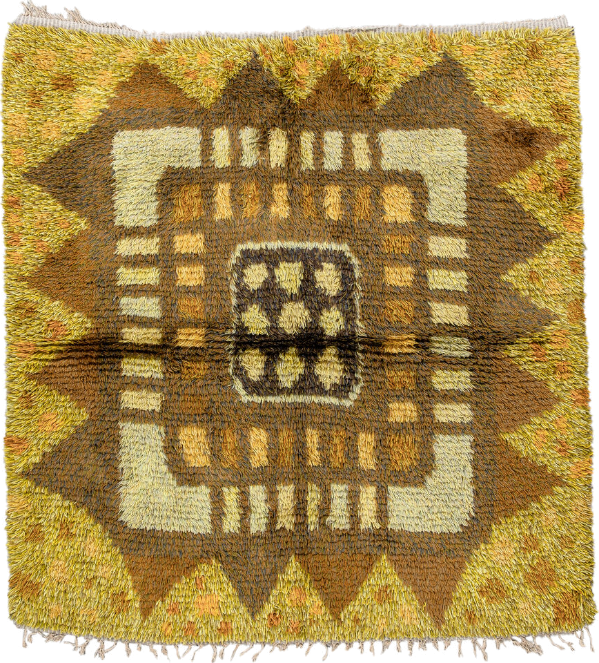 4' x 5' one-of-a-kind handmade vintage Rya-Swedish small size rug. Color palette: gold, brown, ochre, ivory, camel, olive