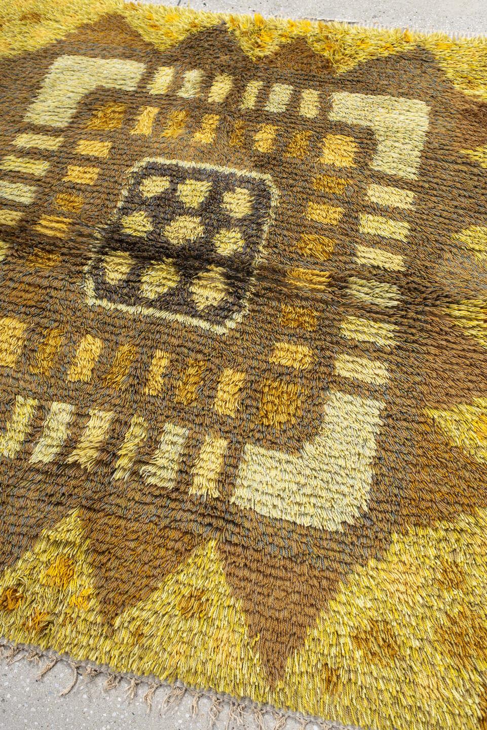 4' x 5' one-of-a-kind handmade vintage Rya-Swedish small size rug. Color palette: gold, brown, ochre, ivory, camel, olive