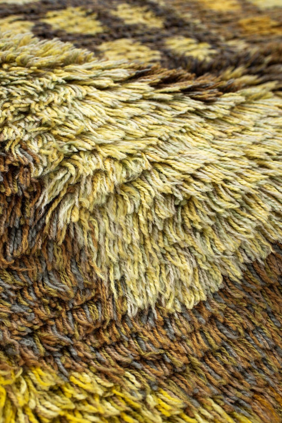 4' x 5' one-of-a-kind handmade vintage Rya-Swedish small size rug. Color palette: gold, brown, ochre, ivory, camel, olive