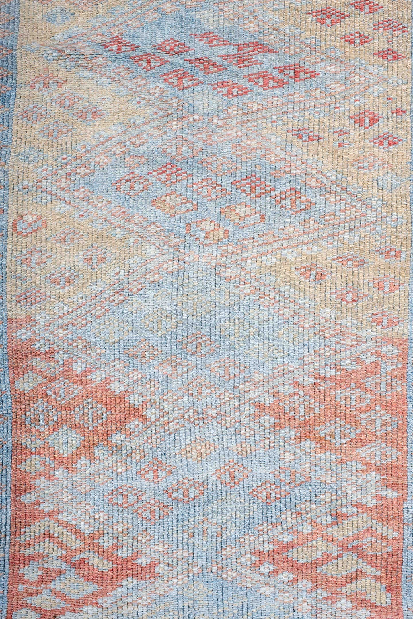 3' x 9' one-of-a-kind handmade antique Kurd runner rug. Color palette: ivory, sky blue, coral, rust, pale blue, salmon