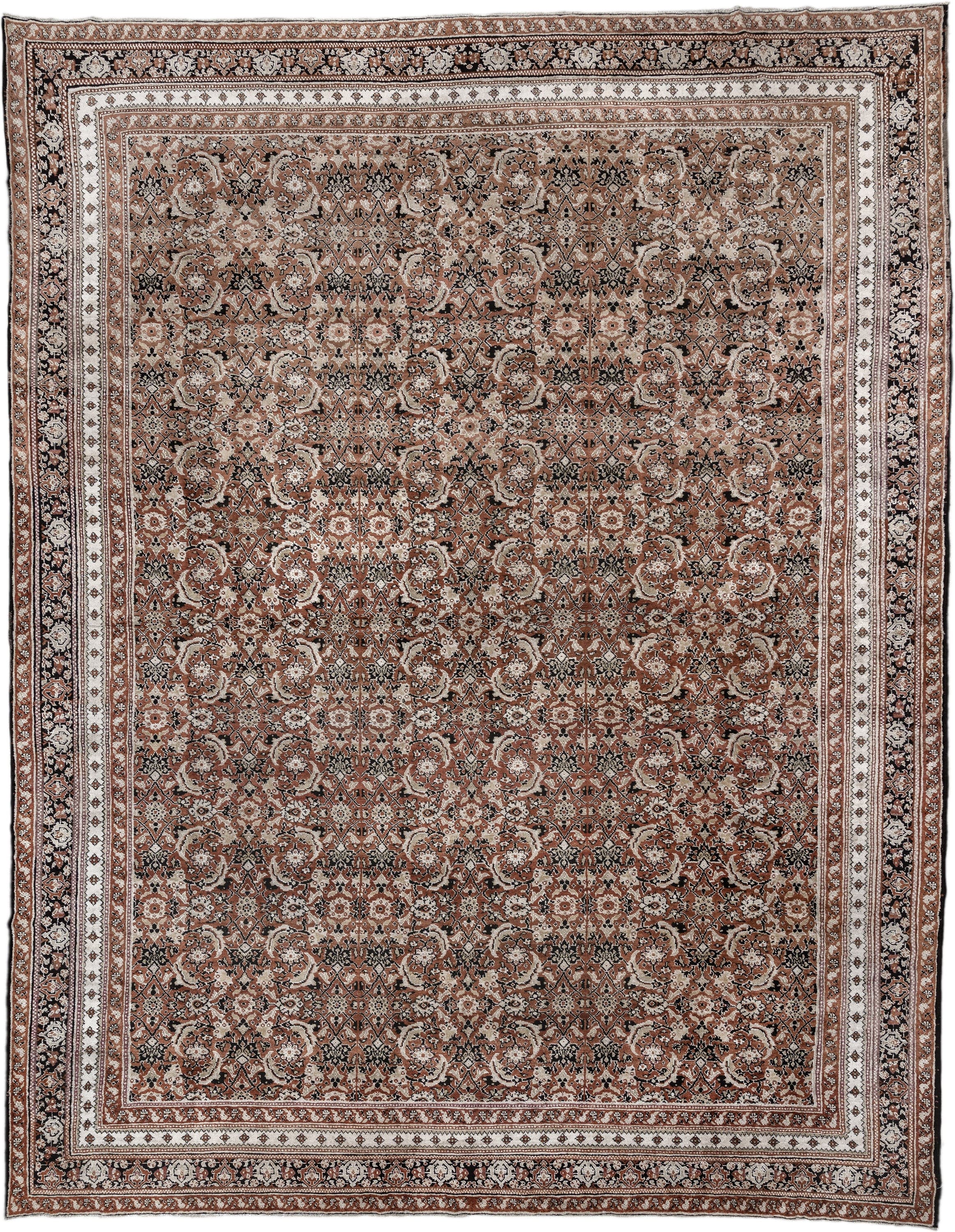12' x 15' one-of-a-kind handmade antique Agra oversize rug. Color palette: terra cotta, ivory, charcoal, taupe, brown, camel