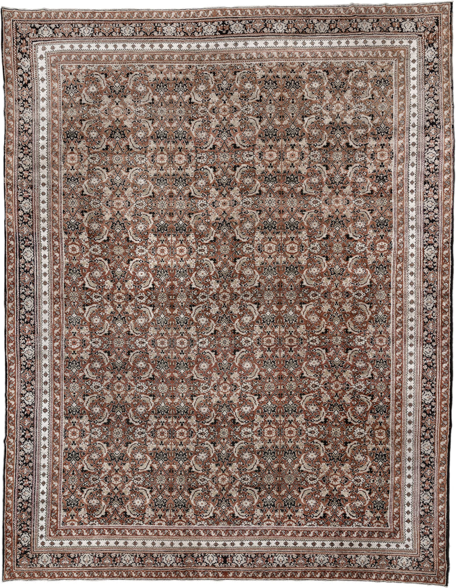 12' x 15' one-of-a-kind handmade antique Agra oversize rug. Color palette: terra cotta, ivory, charcoal, taupe, brown, camel