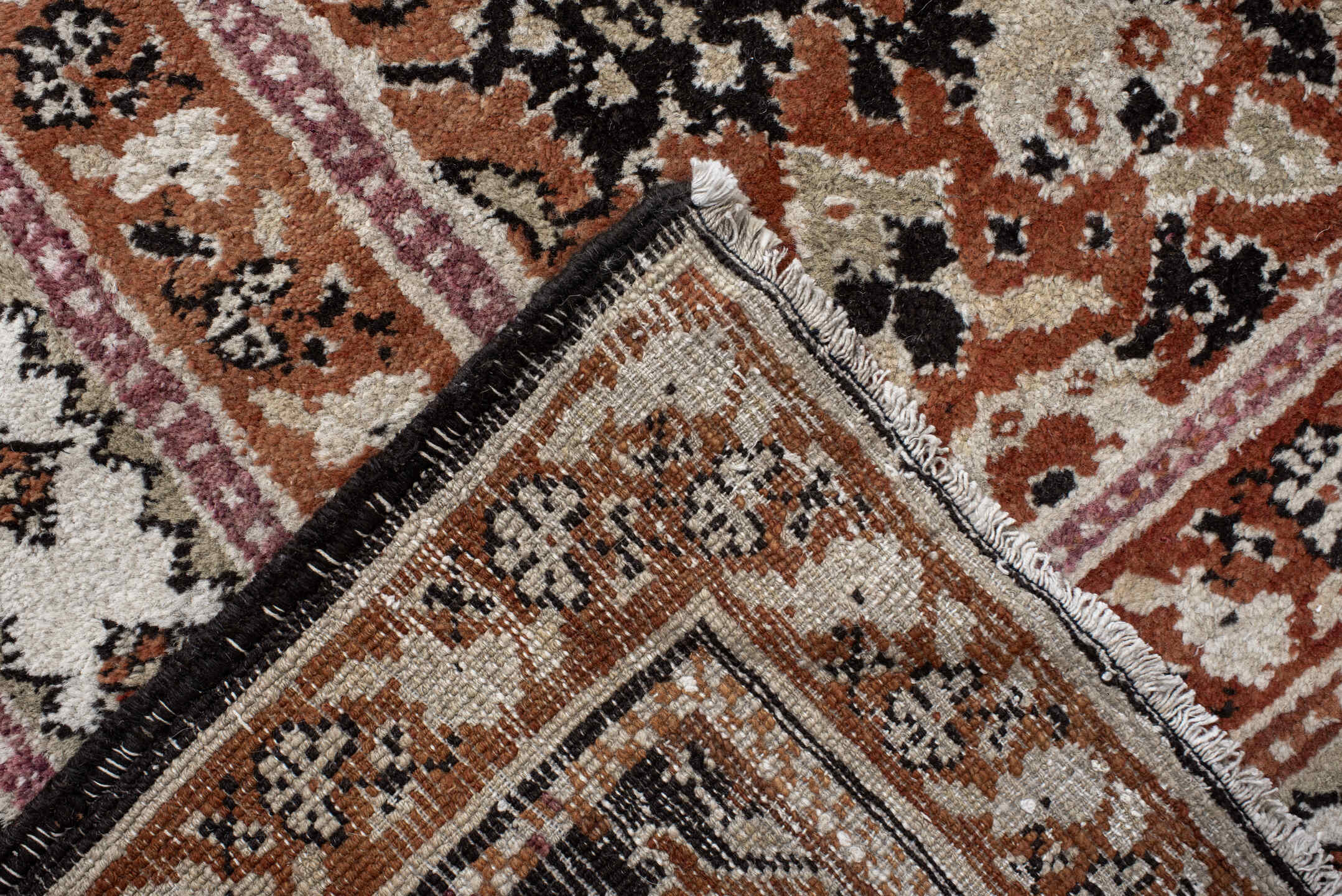 12' x 15' one-of-a-kind handmade antique Agra oversize rug. Color palette: terra cotta, ivory, charcoal, taupe, brown, camel