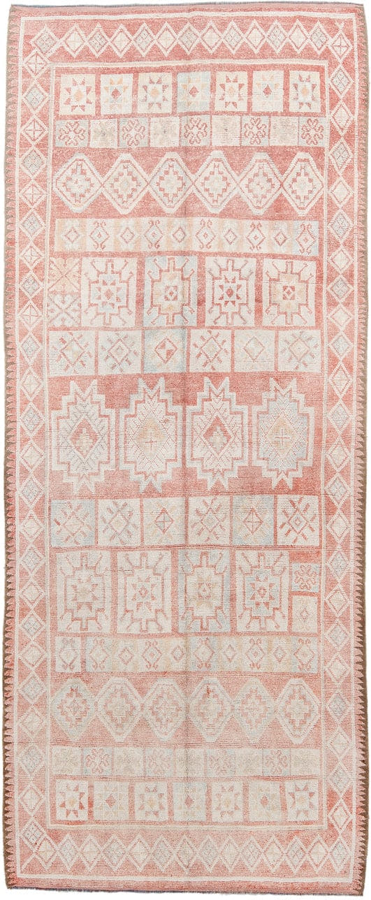 4' x 11' one-of-a-kind handmade antique Moroccan runner rug. Color palette: ivory, salmon, blush, peach, pink, terracotta