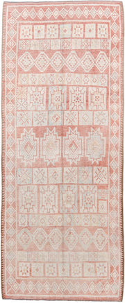 4' x 11' one-of-a-kind handmade antique Moroccan runner rug. Color palette: ivory, salmon, blush, peach, pink, terracotta