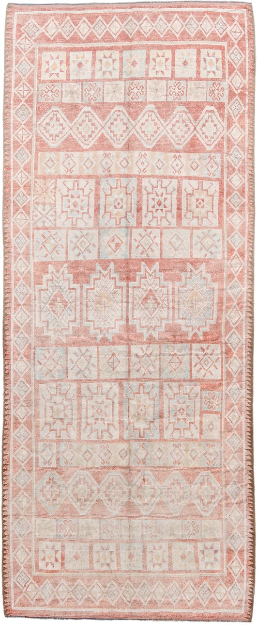 4' x 11' one-of-a-kind handmade antique Moroccan runner rug. Color palette: ivory, salmon, blush, peach, pink, terracotta