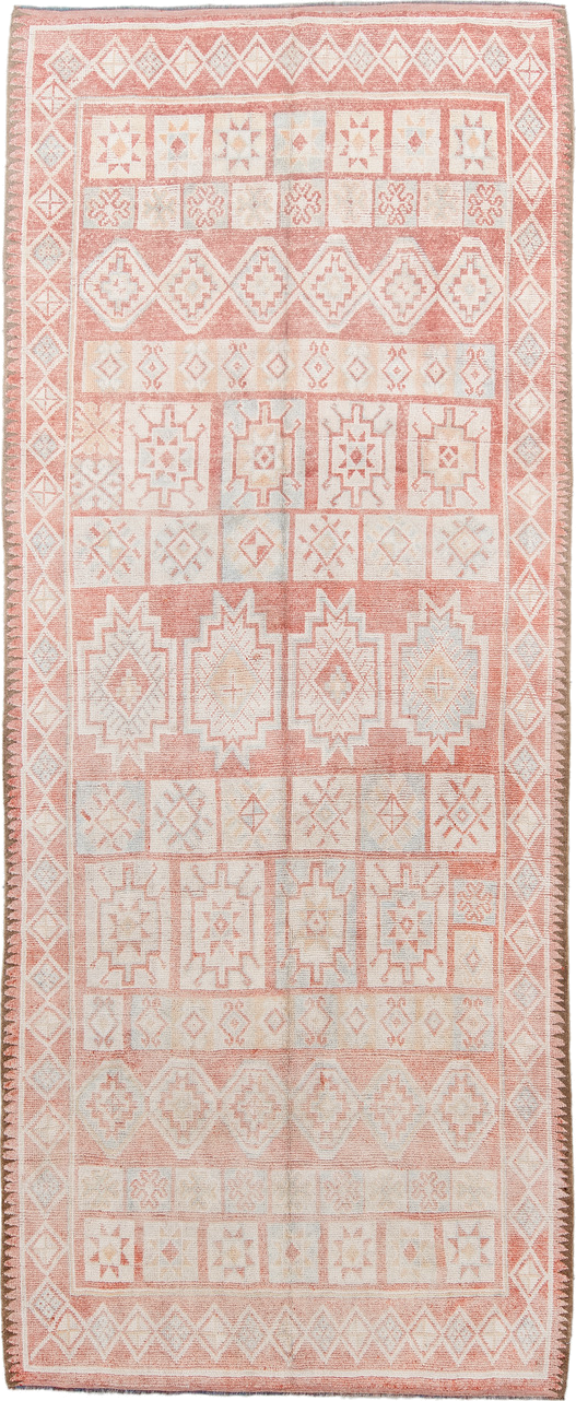 4' x 11' one-of-a-kind handmade vintage Moroccan runner rug. Color palette: antiquewhite, brown, gainsboro, gray, light gray