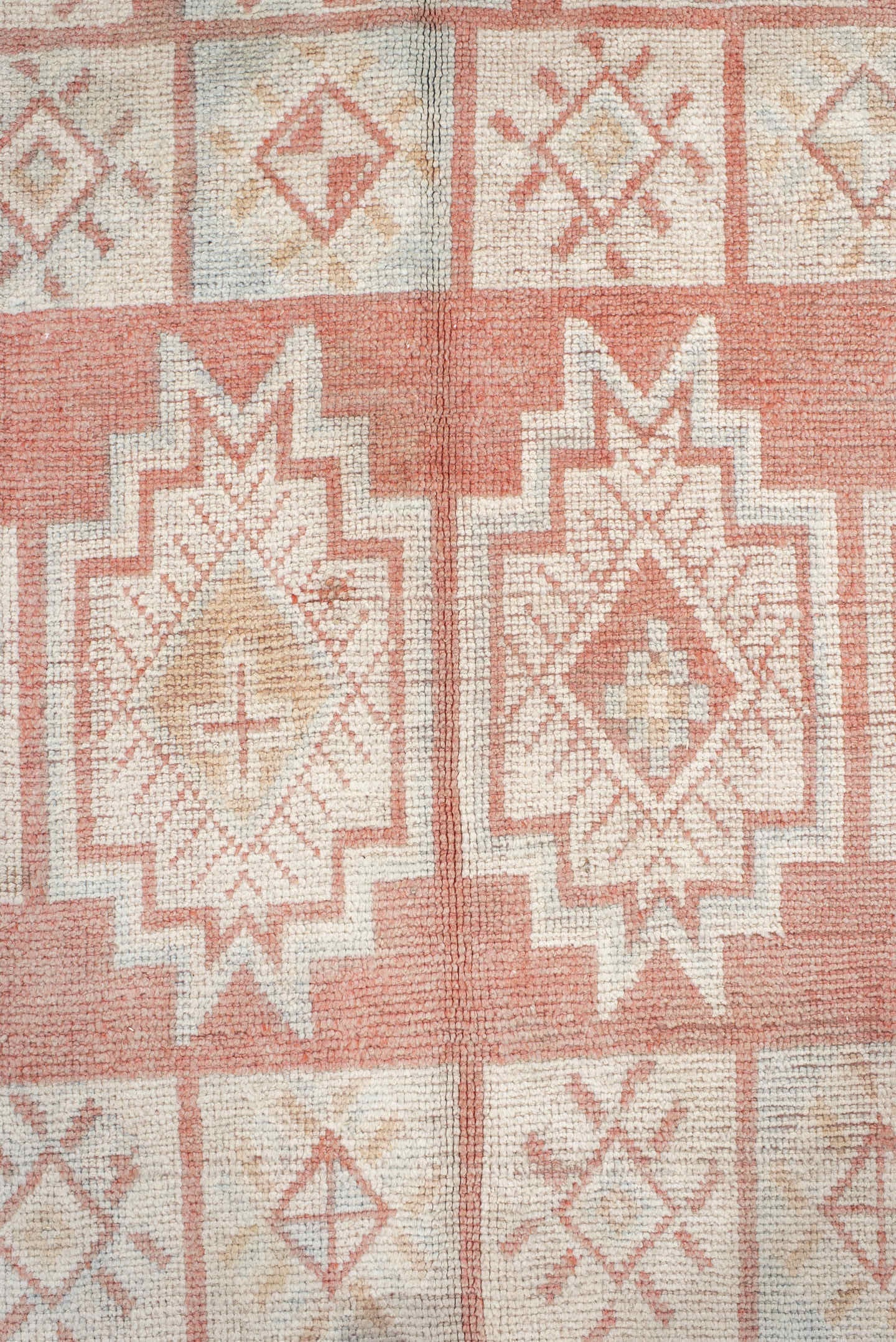 4' x 11' one-of-a-kind handmade antique Moroccan runner rug. Color palette: ivory, salmon, blush, peach, pink, terracotta