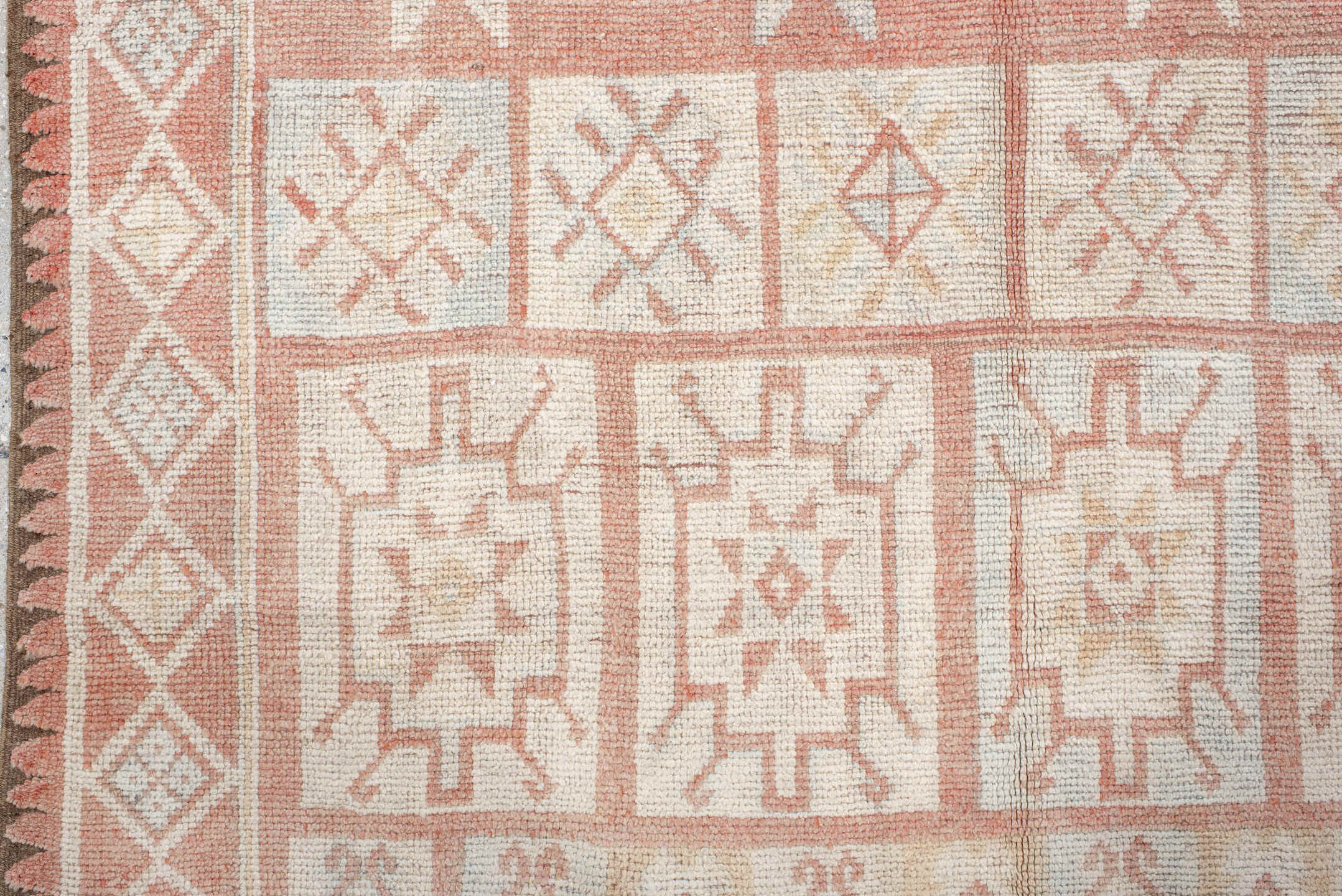 4' x 11' one-of-a-kind handmade antique Moroccan runner rug. Color palette: ivory, salmon, blush, peach, pink, terracotta
